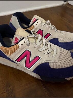New Balance 574 Taupe Navy Blue Suede Men's Athletic Sneakers